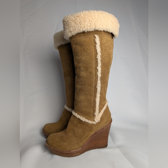 UGG Australia Aubrie Tan Suede Wood Wedge Heel Size 6 Winter Boots Women - Picture 6 of 11